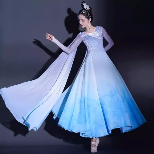Women Girls Blue Gradient Chinese Folk Classical dance costumes water sleeves fairy hanfu princess Chinese style ancient traditional Art test dance stage performance wear for female